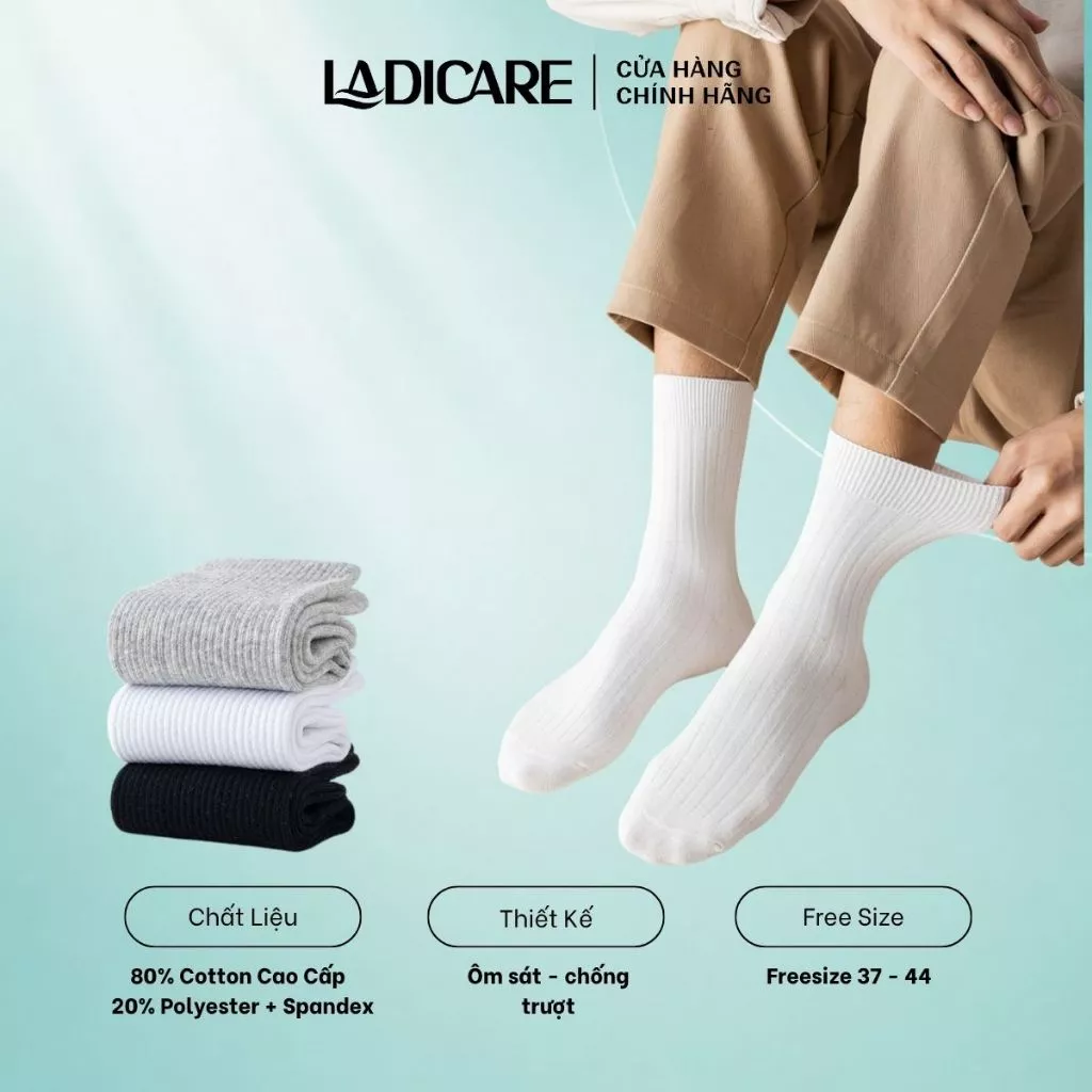 Tất vớ nam nữ LADICARE sợi tự nhiên gân trơn thời trang 2 màu đen trắng thoáng khí dày dặn