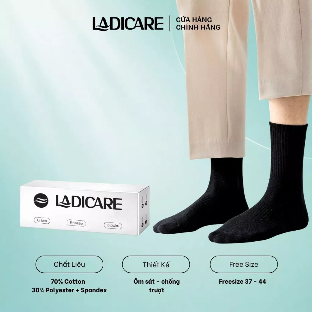 [Hộp 5 Đôi] Tất vớ cotton cao cấp nam nữ LADICARE dày dặn thoáng khí khử mùi, thấm hút tối đa