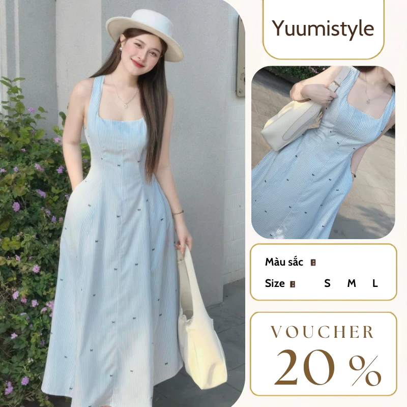 Váy maxi đi biển dáng dài sát nách cổ vuông kẻ sọc xanh phối thêu nơ nhí đầm chữ A tôn dáng HCOM25578