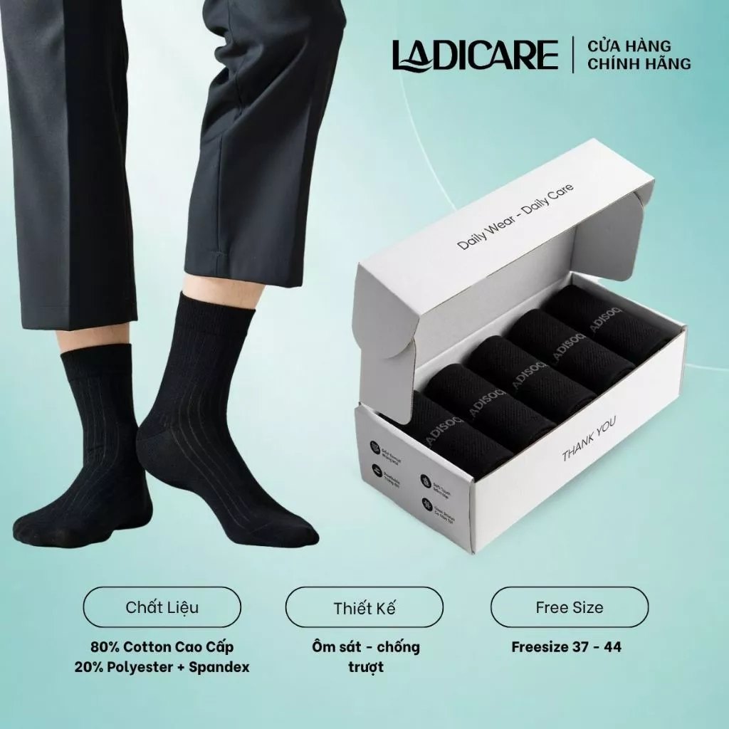 Hộp 10 Đôi Tất Vớ Trơn Nam Nữ LADICARE 3 Màu Trắng, Đen Xám, Chất Liệu Dày Dặn, Thấm Hút Mồ Hôi Thoáng Khí
