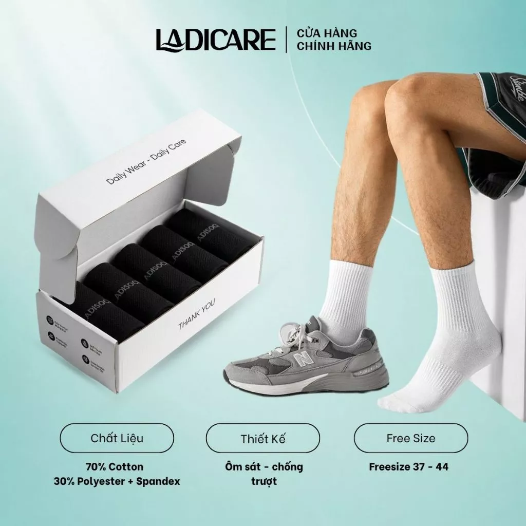 Tất vớ thể thao cotton nam nữ LADICARE [5 TẶNG 1] 2 màu trắng đen cực dày dặn, êm ái co dãn linh hoạt, thoáng khí