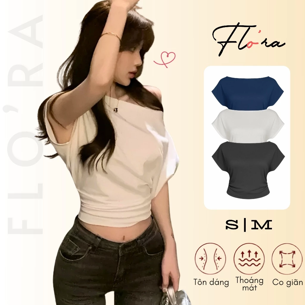 [XẢ HÀNG] Áo TRỄ VAI CÁNH DƠI Nhún Eo Vạt Tròn Bầu Chất Cotton BM25, Áo Thun Sexy Kiểu Lệch Vai Nữ Ôm Body FLO'RA