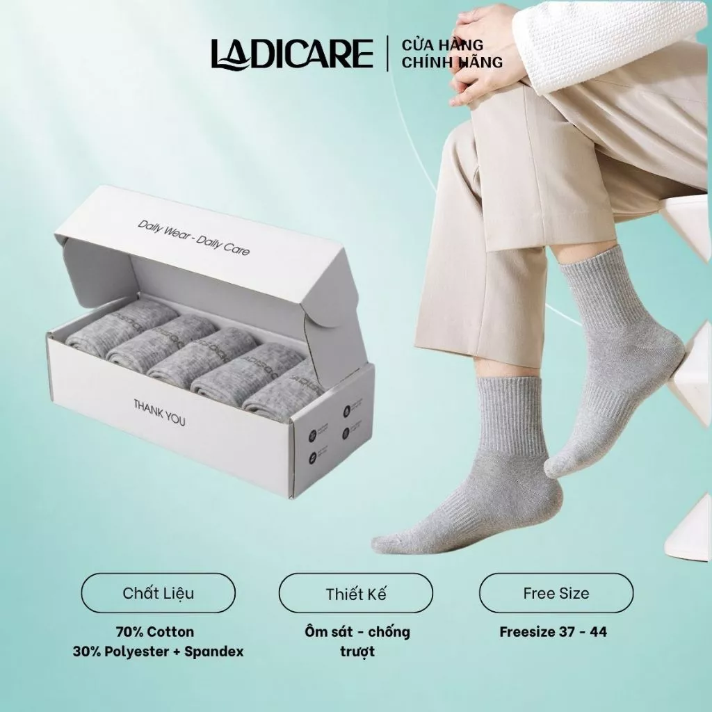 [Combo 5 Tặng 1] Tất vớ nam nữ LADICARE cotton cao cấp êm ái dày dặn thoáng khí, khử mùi hồi chân