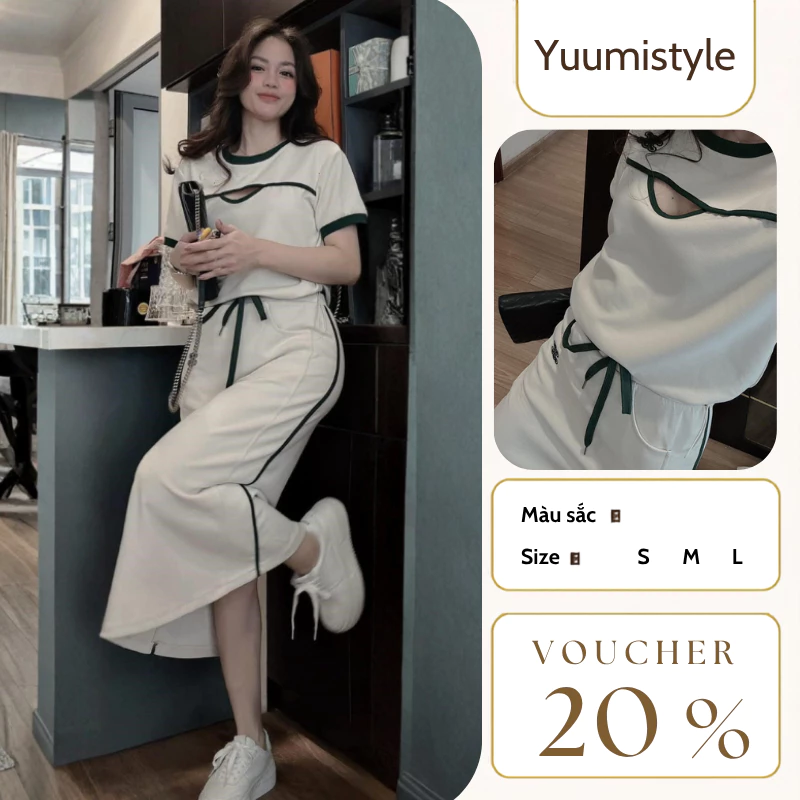 Set đồ bộ thun phối viền kèm chân váy dài xẻ tà kèm dây rút eo phong cách sporty cá tính cho nữ HCOM25580
