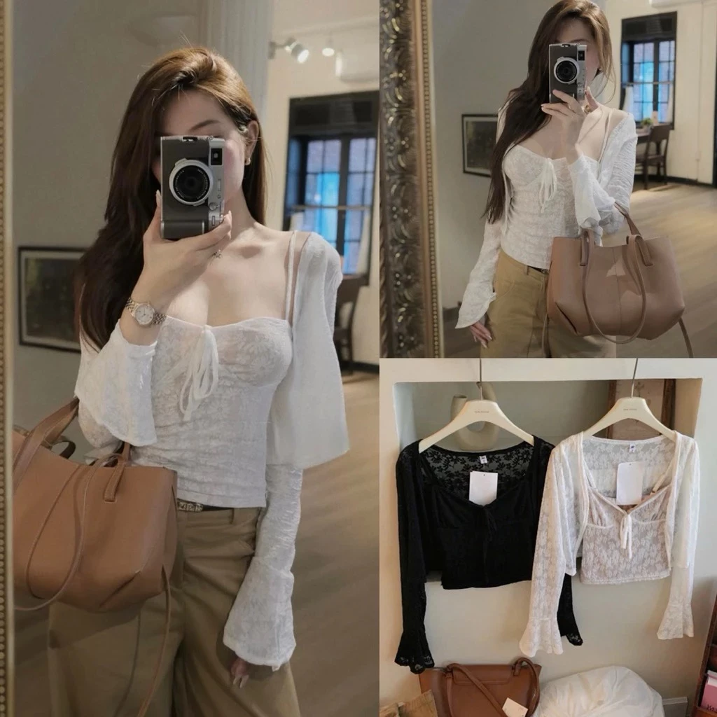 (Sẵn Ship, Loại 1) SET ÁO 2 DÂY REN HOA THÊU NỔI KÈM ÁO KHOÁC NGOÀI SIÊU XINH BUN222