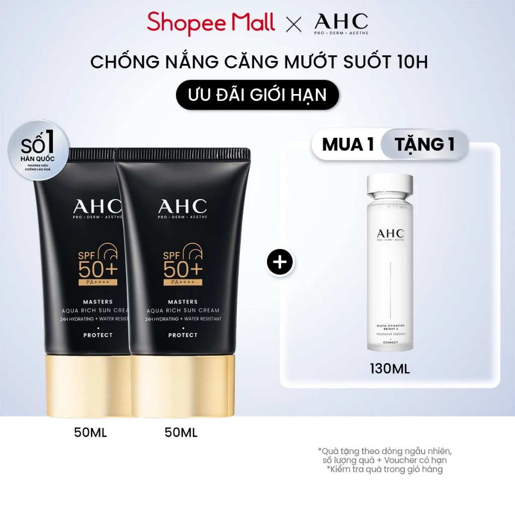 Bộ đôi Kem chống nắng AHC phổ rộng 400nm căng mướt da chuẩn Hàn (50 ml x2) Masters Aqua Rich Sun Cream