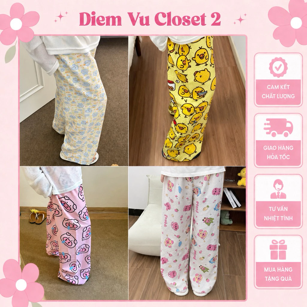 (HÀNG CÓ SẴN) Quần đũi dài form suông rộng, quần hoạt hình/ quần ống rộng/ quần ngủ chất liệu đũi Thái Diem Vu Clsoet 2