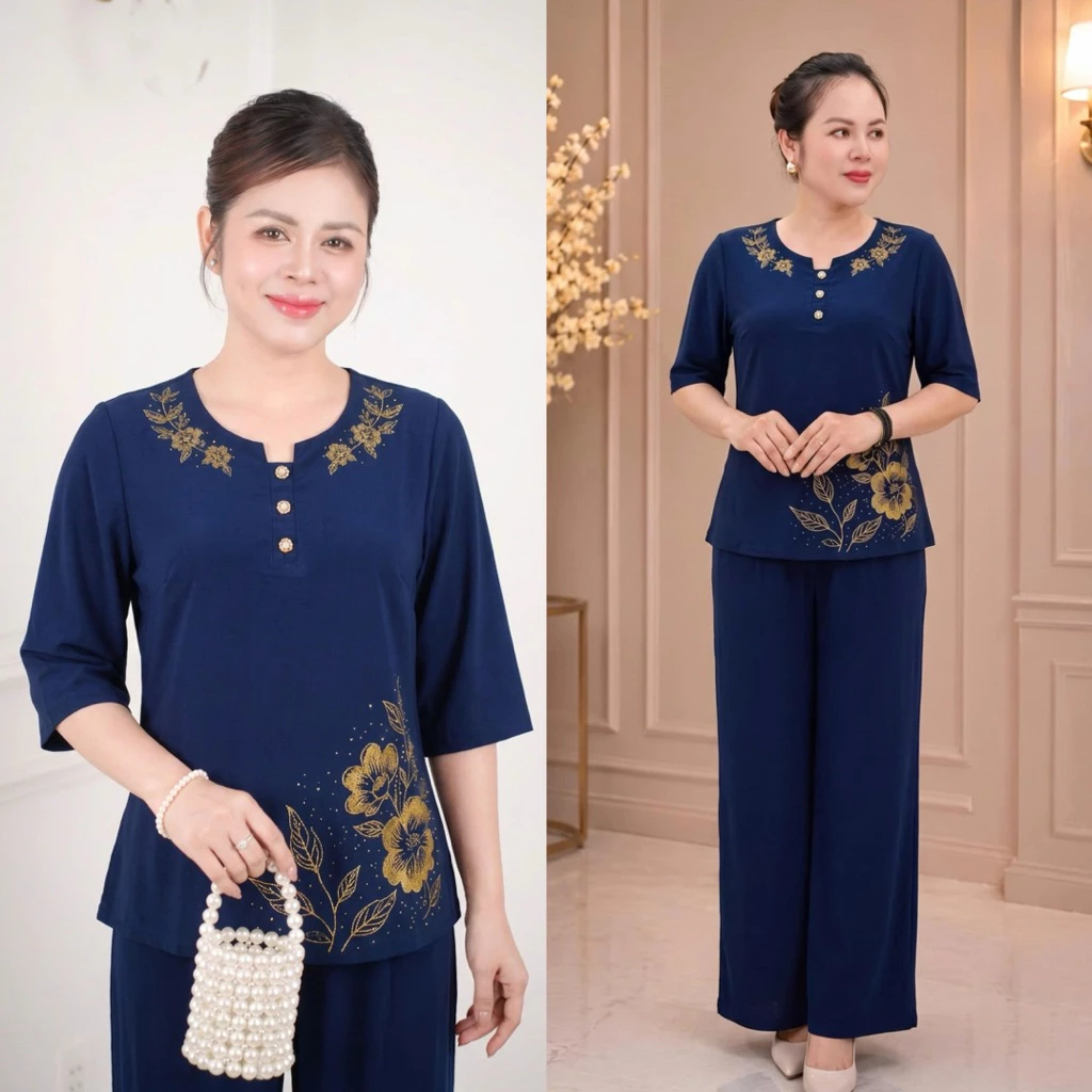 Đồ bộ trung niên, đồ cho các mẹ, quần dài suông, chất vải ngọc trai mềm mại, thoáng mát Ms154