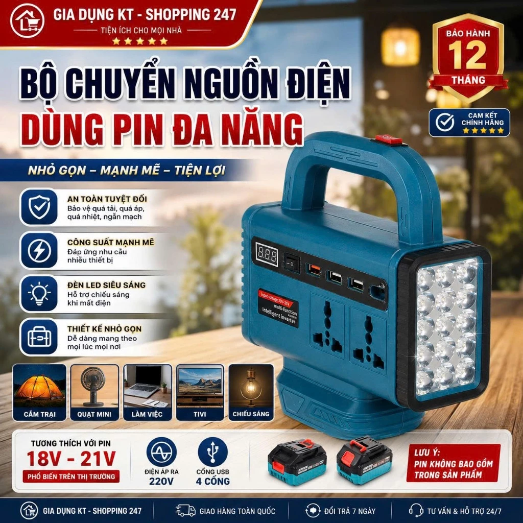 Bộ Chuyển Đổi Nguồn Điện Đa Năng Dùng Pin MAKITA Công Suất Lớn, Có Đèn Led Siêu Sáng, Ổ Cắm Đa Dạng, Tay Cầm Tiện Lợi