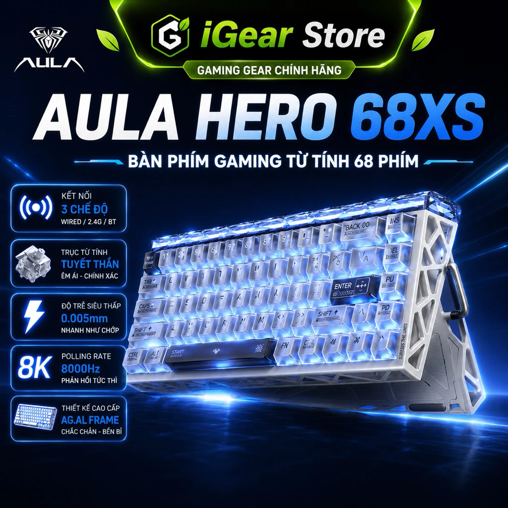 🔥 Bàn phím cơ Gaming AULA HERO 68XS – Magnetic Switch 3 Mode | 8KHz | Pin 6000mAh | RT 0.005mm
