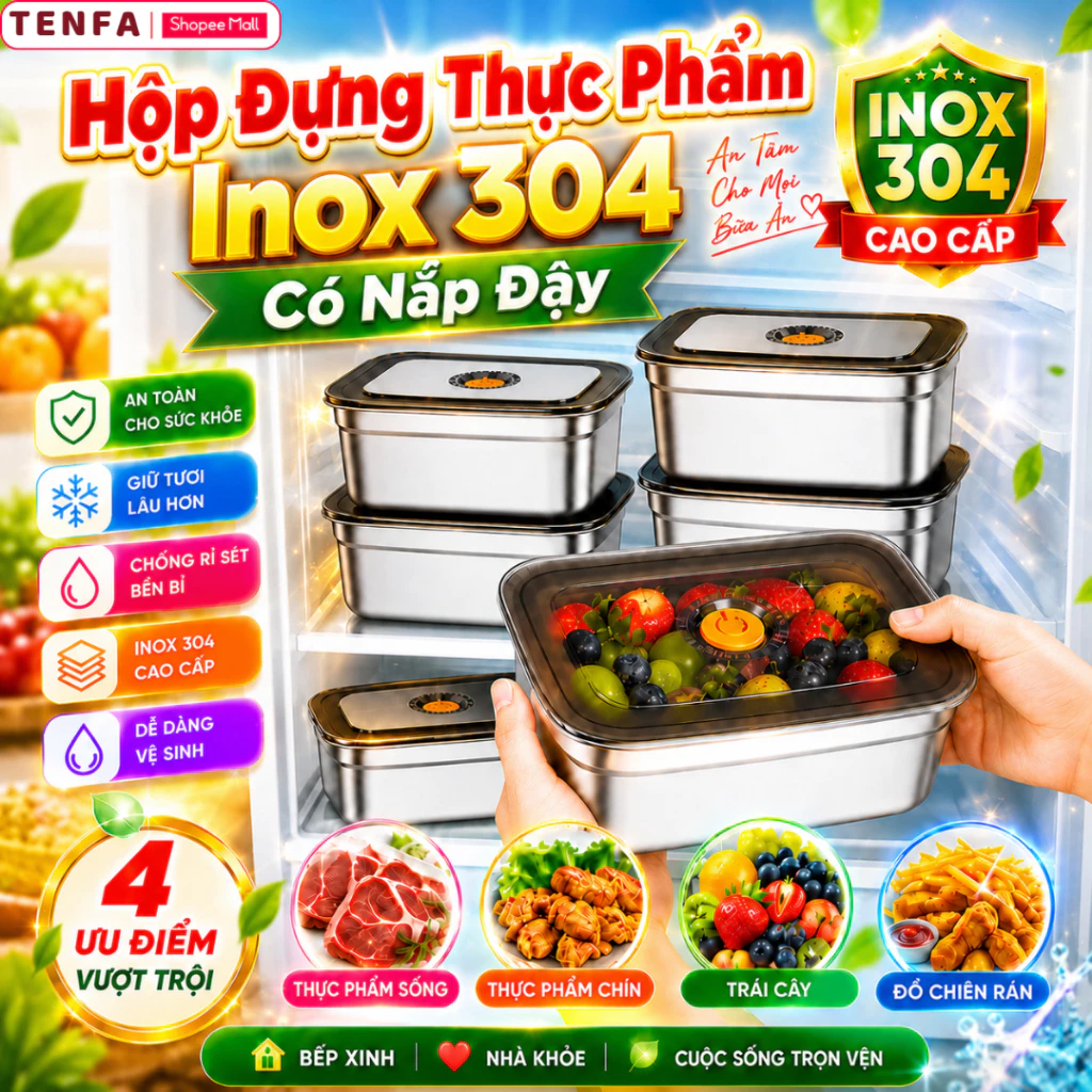 Hộp Đựng Thực Phẩm Inox 304 Cao Cấp, Nắp Hút Chân Không Kín Mùi Combo 5/10 Hộp Bảo Quản Thức Ăn Chịu Nhiệt Tủ Lạnh