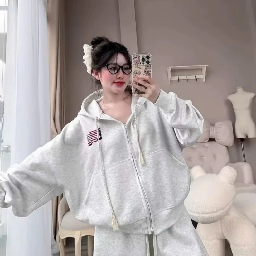 Áo hoodie Zip nữ có mũ , HOẠ TIẾT IN HÌNH LÁ CỜ MỸ 4 NGÔI SAO . MẪU MỚI - HCM Trend