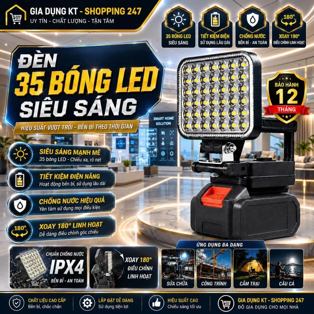 Đèn Led 35/55 Bóng Siêu Sáng Sử Dụng Chân Pin Phổ Thông, Có 2 Chế Độ Sáng, Cổng Sạc USB Tiện Lợi, Tay Cầm Tiện Dụng