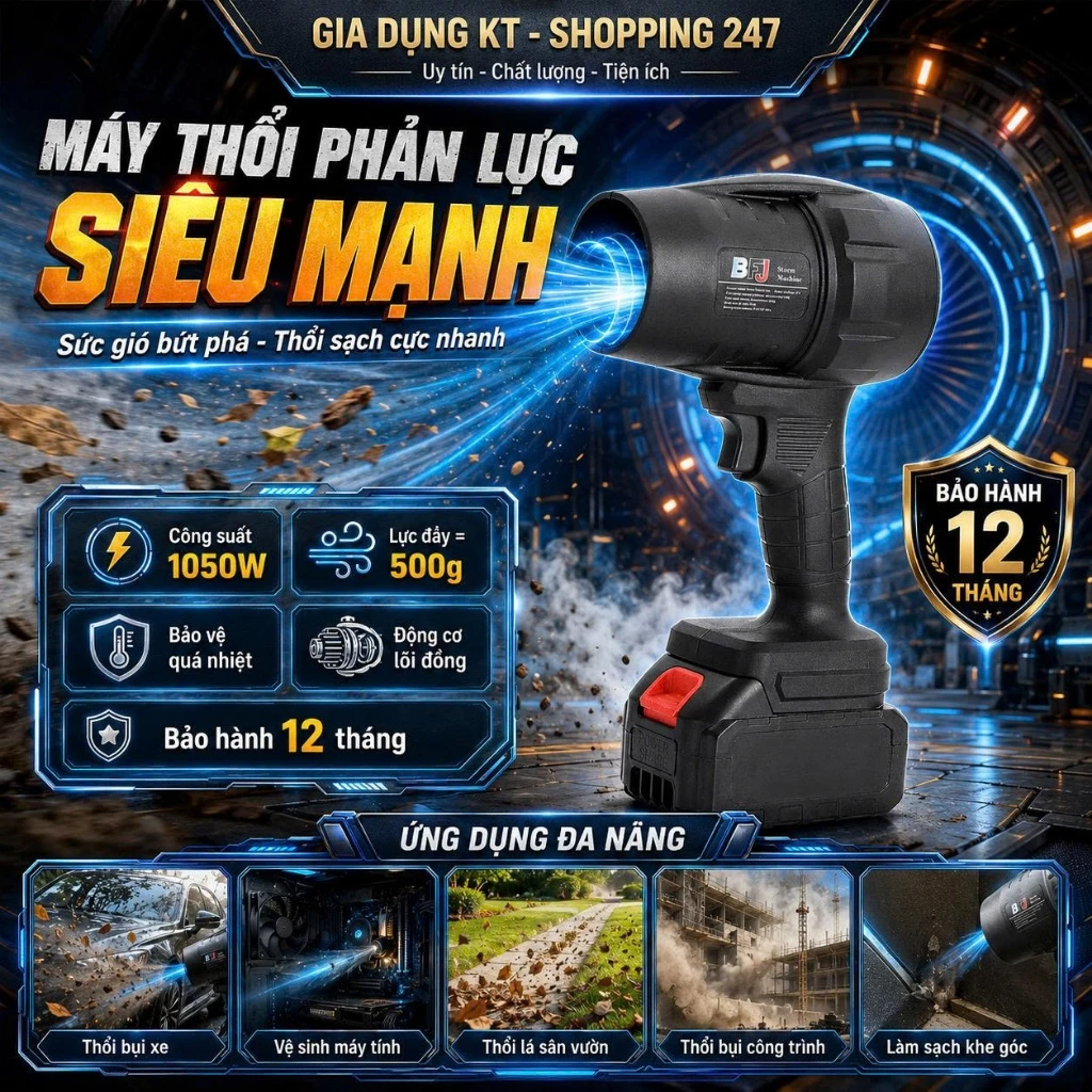 Máy Thổi Phản Lực Công Suất Lớn 1050W, Máy Thổi Bụi Cầm Tay Dùng Pin Phổ Thông, Động Cơ Lõi Đồng, Thổi Bụi Cực Nhanh