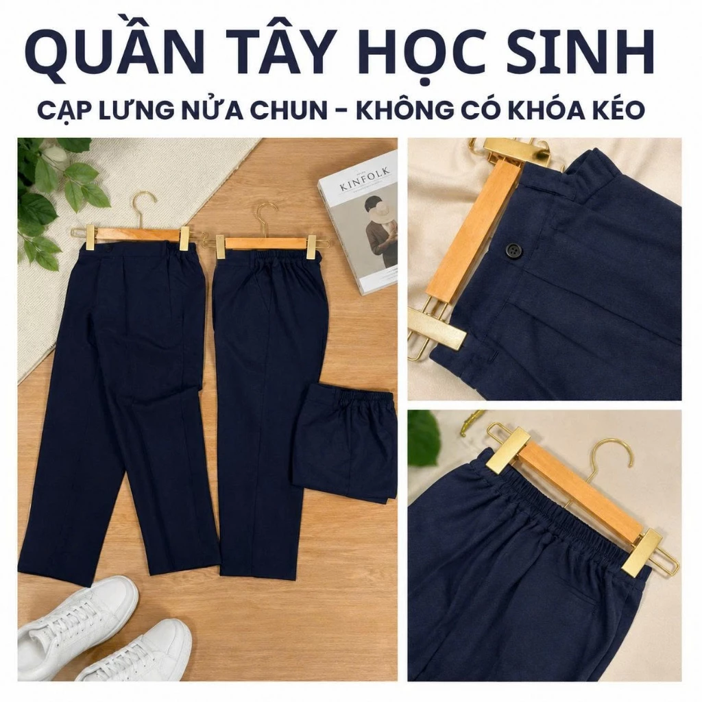 [Không Có Khóa Kéo] Quần Tây Học Sinh Tiểu Học, Trung Học, Quần Âu Đi Học Dành Cho Học Sinh Lưng Thun Màu Xanh Đen ..