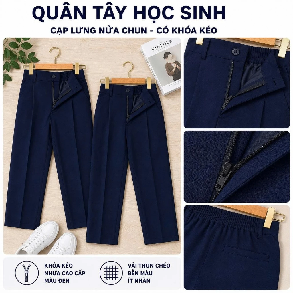 [Quần Khóa] Quần Tây Học Sinh Tiểu Học, Trung Học, Quần Âu Có Khóa Kéo Đi Học Dành Cho Học Sinh Lưng Thun Màu Xanh Đen .