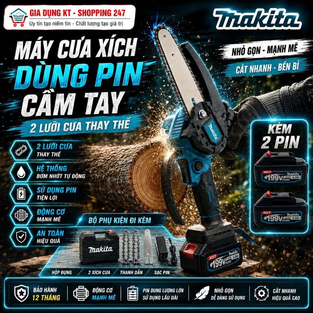 Máy Cưa Xích Cầm Tay Dùng Pin Phổ Thông Công Suất Lớn, Máy Cưa Mini Cưa Cây Gỗ Cực Nhanh, Hoạt Động Mạnh Mẽ, Bền Bỉ