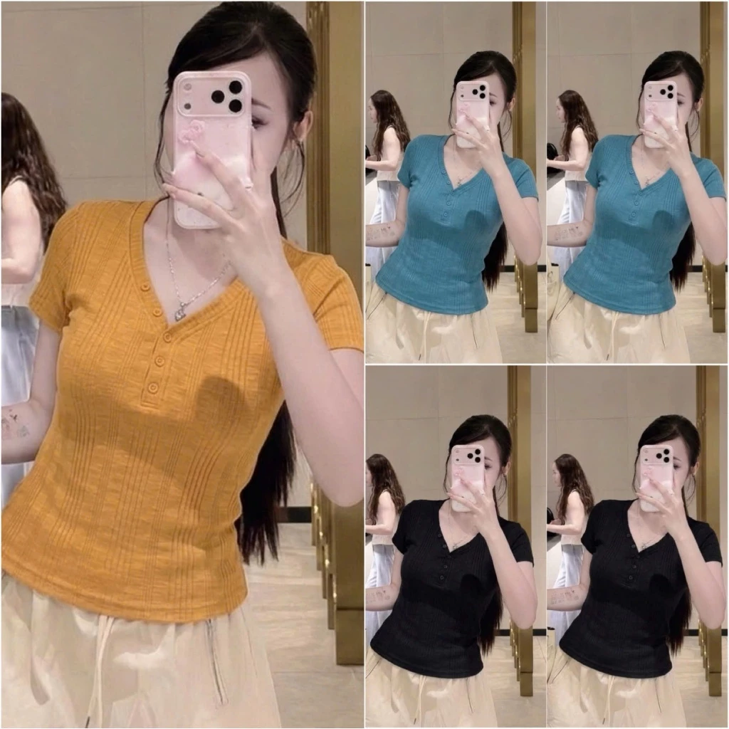 HT60. Áo thun dệt cổ V Tay Ngắn Size 40-70kg Chất Liệu Mềm Nhẹ Mát.