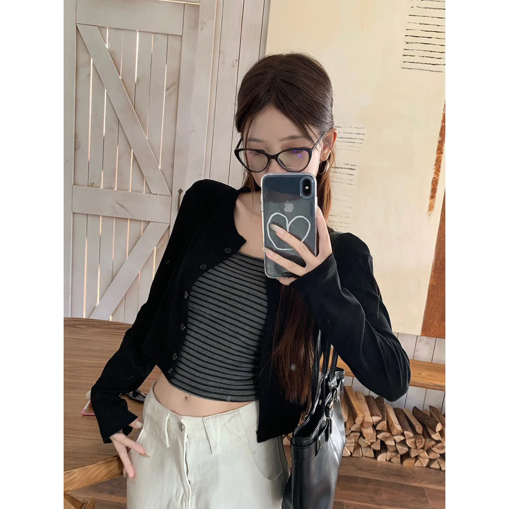 Set áo nữ 2 món áo khoác cardigan tay dài phối áo hai dây kẻ sọc dáng ôm tôn dáng