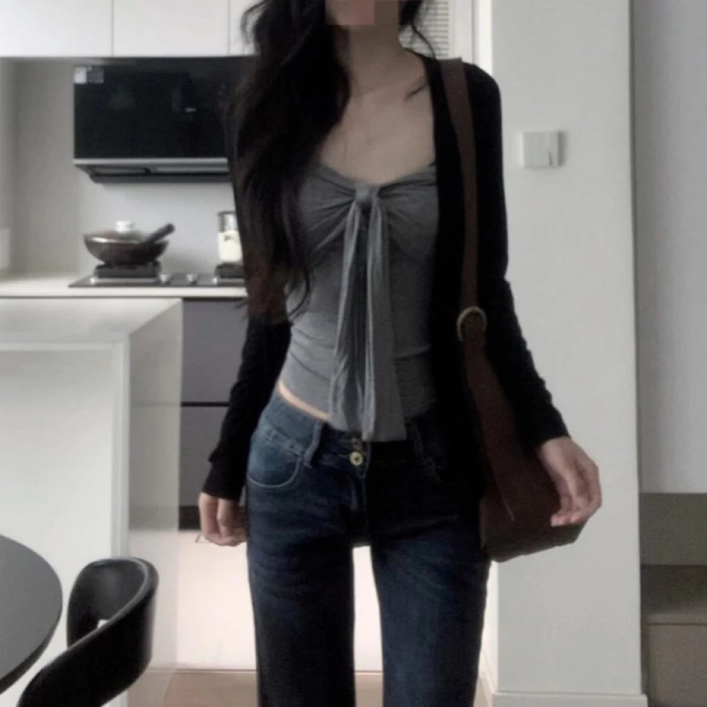 Set áo nữ 2 món áo khoác cardigan mỏng phối áo quây hai dây màu đen tôn dáng thanh lịch