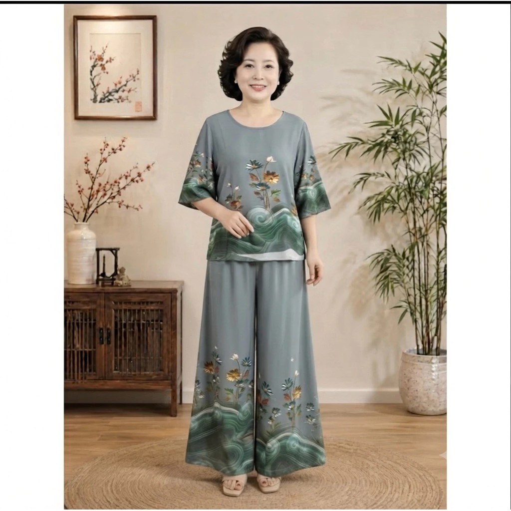 Bộ lụa tằm ý thiết kế hoa văn đính đá cao cấp bigsize 70-80 kg mặc đẹp ( size 5X)