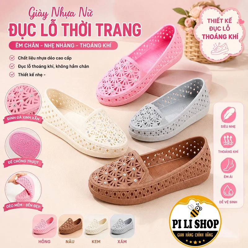 Giày Nhựa Bệt Nữ Đi Mưa Đính Hột Kiểu Dáng Đan Ô, Giày Búp Bê Đế Bằng Đi Biển Êm Chân Đế Chống Trượt