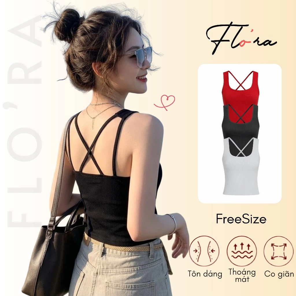 Áo Thun BA LỖ DÂY ĐAN CHÉO LƯNG Có Mút Ngực DD03, Áo Thun Nữ Cổ Vuông Hở Lưng Thun Gân Flo'ra
