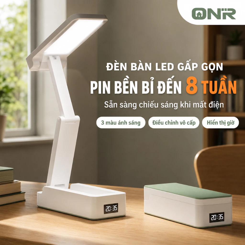 ONR-Đèn Học Để Bàn LED Bảo Vệ Mắt, 3 Màu Sáng, Điều Chỉnh Độ Sáng, Gấp Gọn, Pin Sạc