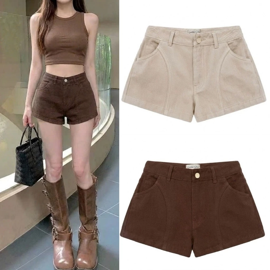 Quần short ngố bò jean nữ cạp cao, sooc jeans nữ ống rộng lưng cao dáng basic