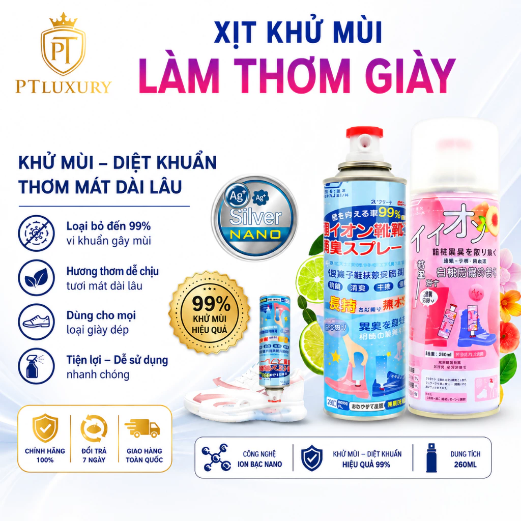 [ COMBO 5 BÌNH ] Bình xịt khử mùi hôi giày dép nano bạc PTLUXURY lọ 260ml chuyên dùng làm thơm tủ dầy, quần áo, tất