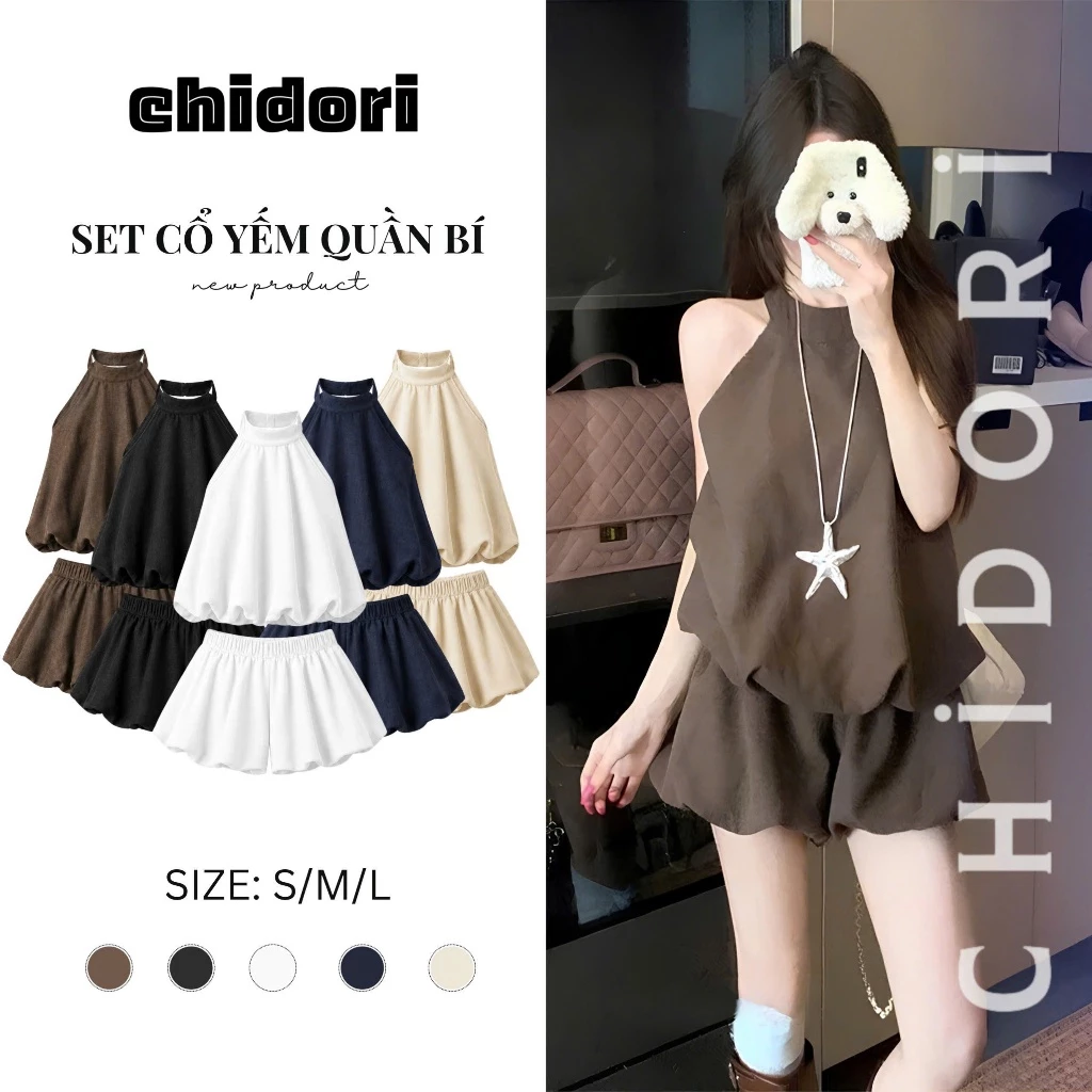 (Deal mở bán) Set cổ Yếm + Quần bí 2 lớp chất liệu đũi xước line phong cách hàn quốc tiểu thư sang chảnh by Chidori