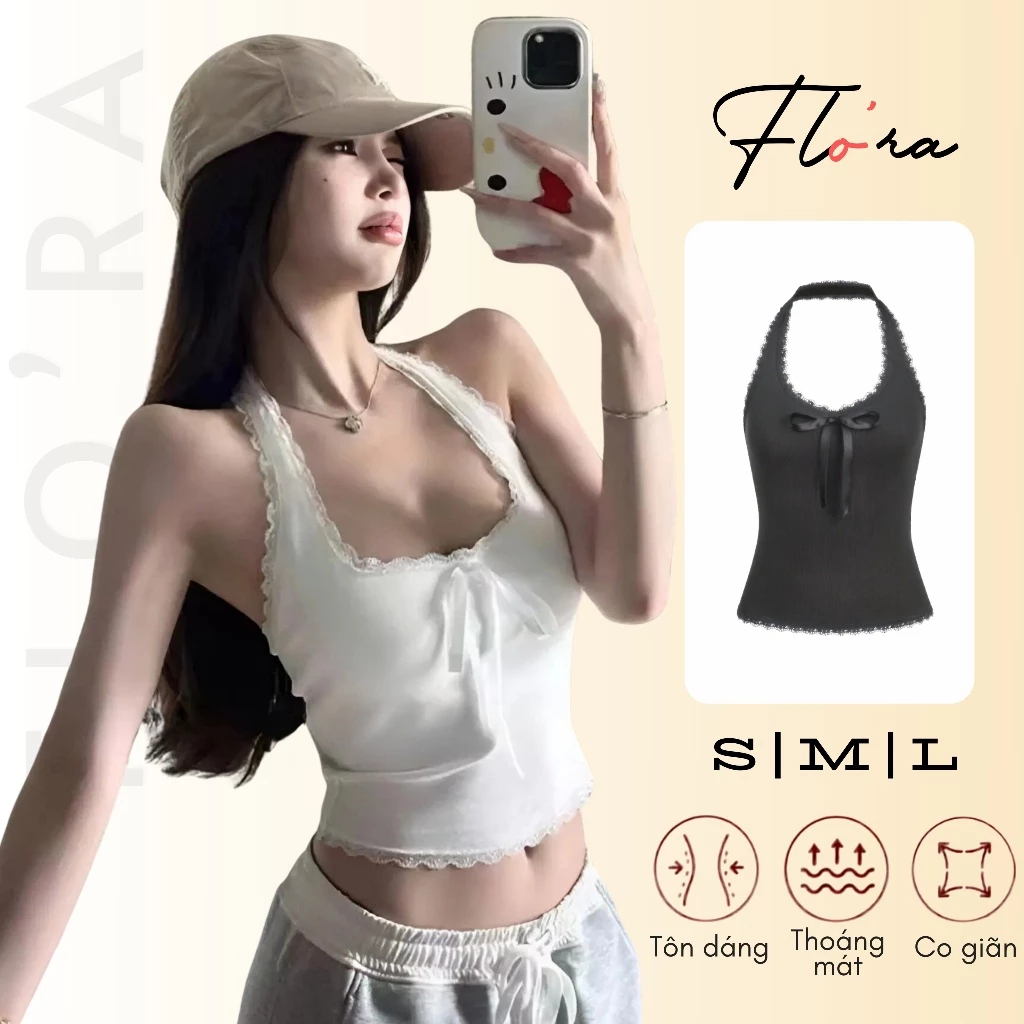 Áo YẾM CHOÀNG CỔ VIỀN REN ĐÍNH NƠ Nữ Thun Gân Tăm Kiểu Sexy Nữ DD28, Áo Ôm Body Đẹp Tôn Dáng Flo'ra