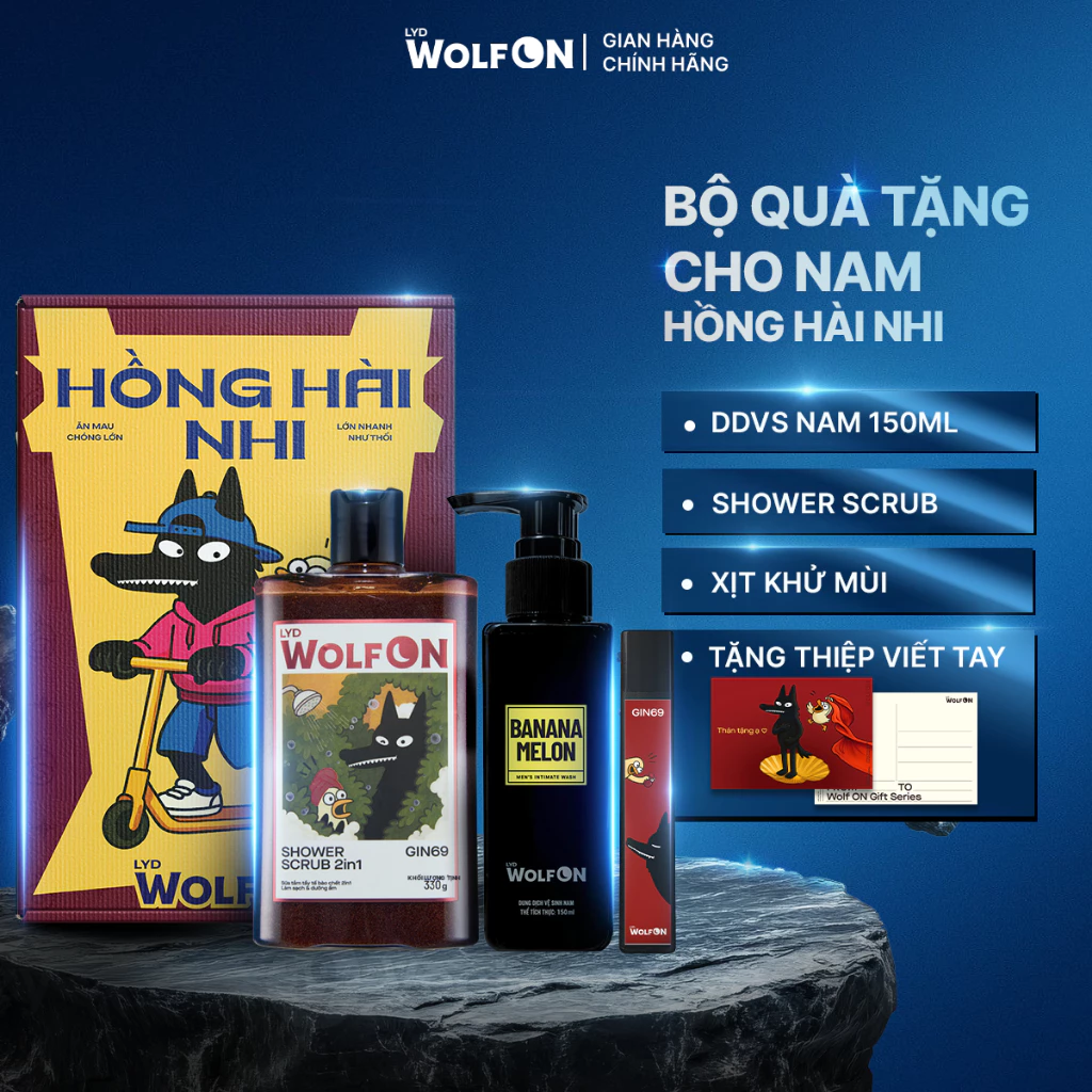 Set Quà Tặng Bạn Trai HỒNG HÀI NHI LYD Wolf ON - Sữa Tắm, Xịt Khử Mùi, Dung Dịch Vệ Sinh Nam 150ML