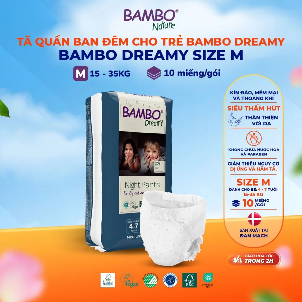 Tã Quần Bambo Dreamy 4-15 Tuổi - Mềm Mại, Thoáng Khí, Siêu Thấm Hút Ban Đêm - Nhập Khẩu Từ Đan Mạch
