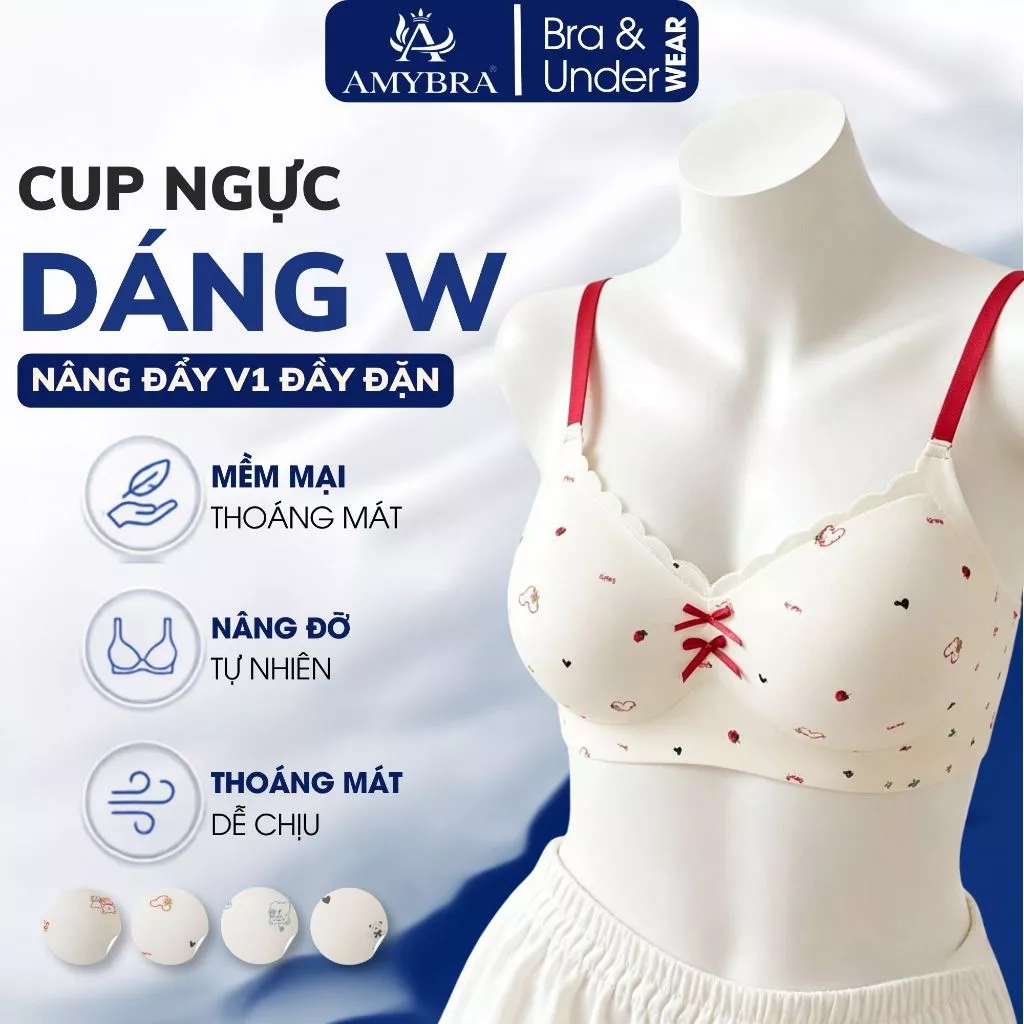 Áo Ngực Không Gọng Su Mịn CAO CẤP AMYBRA A988 Áo Lót Nữ Cup Giọt Nước Họa Tiết Gấu Ôm Sát Vòng 1