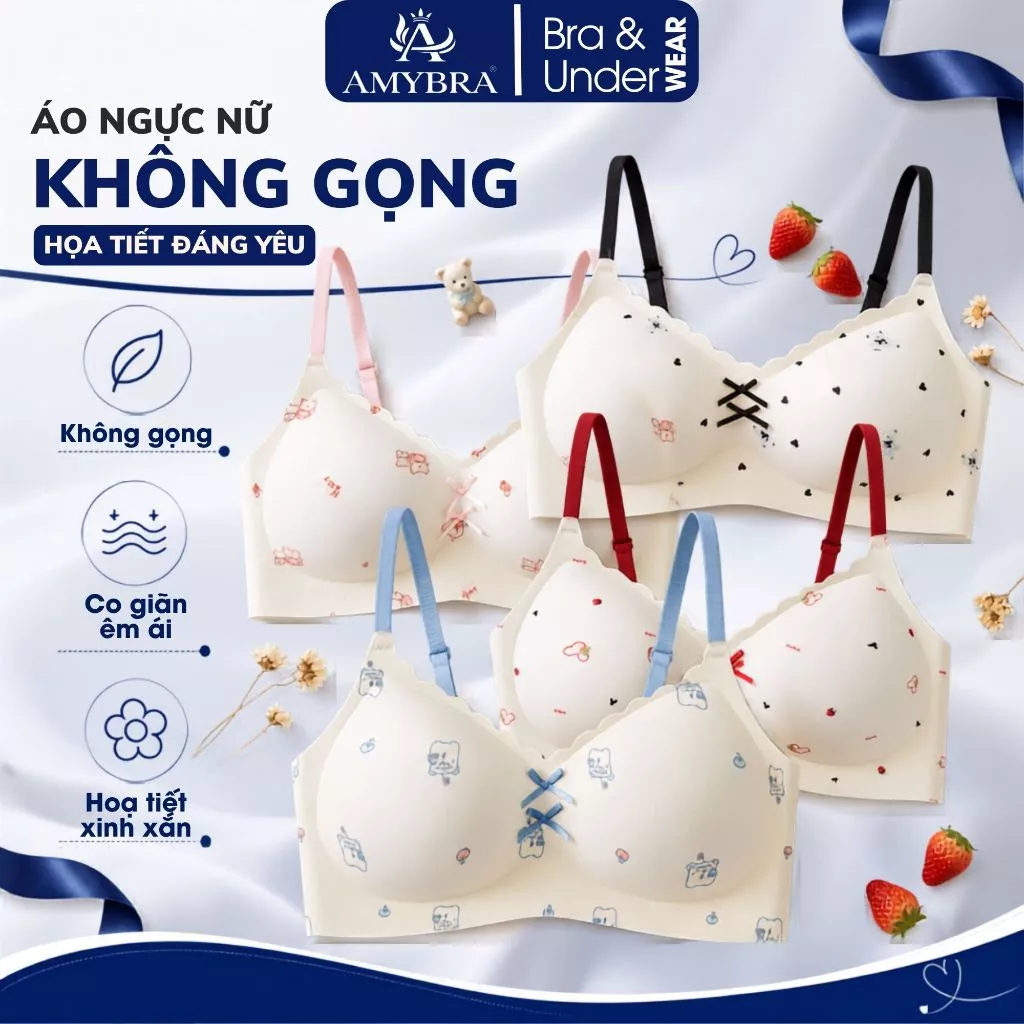 Áo Lót Nữ Họa Tiết Gấu Đáng Yêu Cup Giọt Nước Tôn Dáng Vòng 1, Áo Ngực Nữ Không Gọng AMYBRA A988