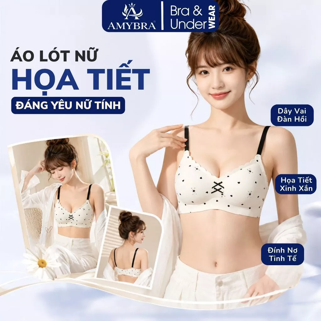 Áo Lót Nữ Họa Tiết Gấu Đáng Yêu Nữ Tính AMYBRA A967 Áo Ngực Không Gọng Nữ Cup Giọt Nước Ôm Sát V1