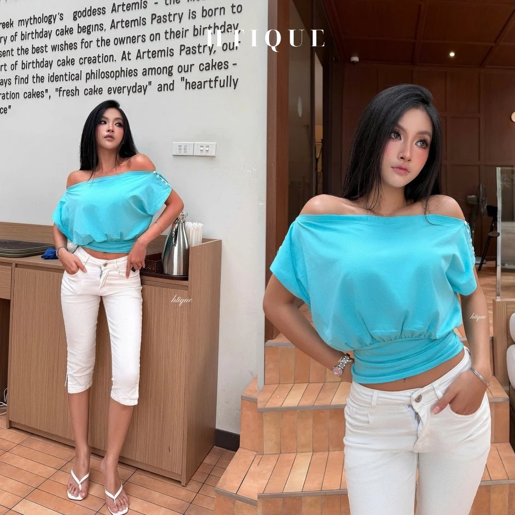 HTIQUE - DEAL mở bán Áo Kiểu Nữ Xanh Tiffany Lệch Vai Tay Cánh Đính Cúc Thanh Lịch, Áo Lệch Vai Hàn Dễ Phối Đồ AK10