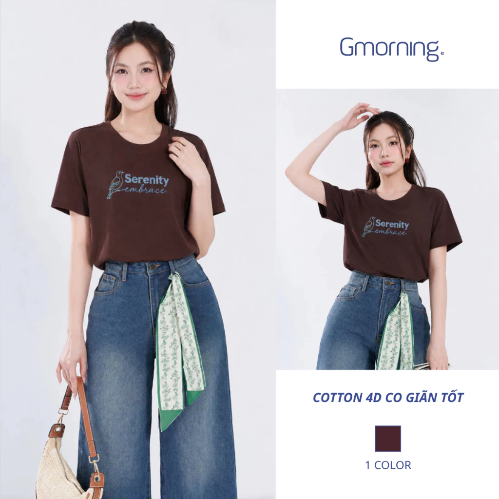 Áo Thun Nữ Gmorning YATG08045 Thêu Chữ Chất Cotton 4D Mềm Mát - Áo Thun Ngắn Tay Oversize Năng Động