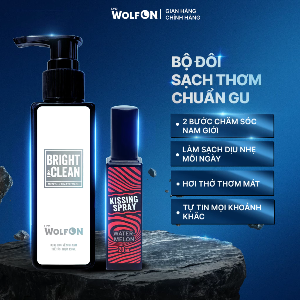 Combo Dung Dịch Vệ Sinh Bright & Clean 150ml - Xịt Thơm Miệng Kissing Spray 20ml LYD Wolf On