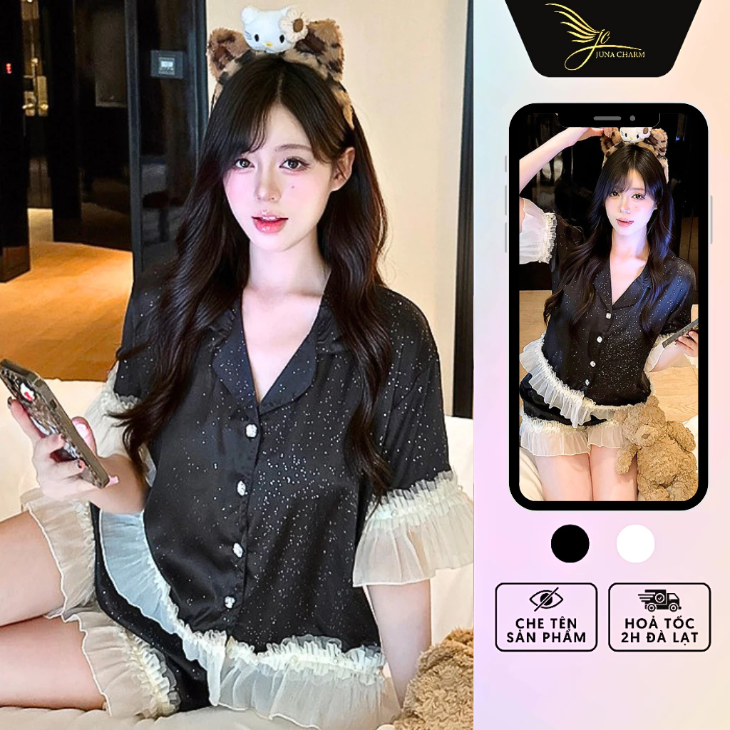 Bộ Pijama Mặc Nhà, Đồ Bộ Đùi JUNA Freesize Thời Trang Đồ Ngủ Dành Cho Nữ, Chất Vải Lụa Ánh Kim Phối Voan, Màu Đen/SP7549