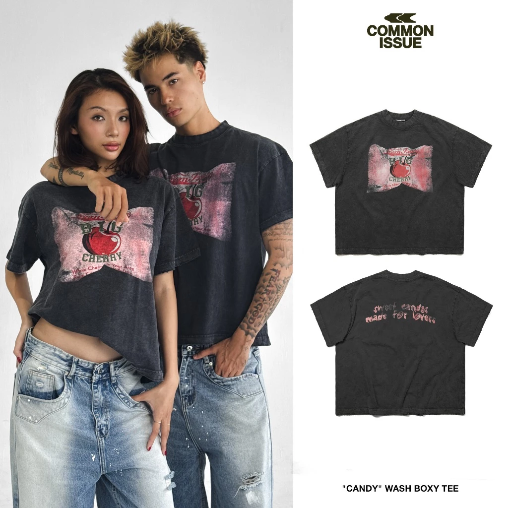 Áo Thun Wash Form Boxy "CANDY” Chất Vải Cotton Premium 2 Chiều 240gsm Hiệu Ứng Mài Rách Unisex Nam Nữ | Common Issue