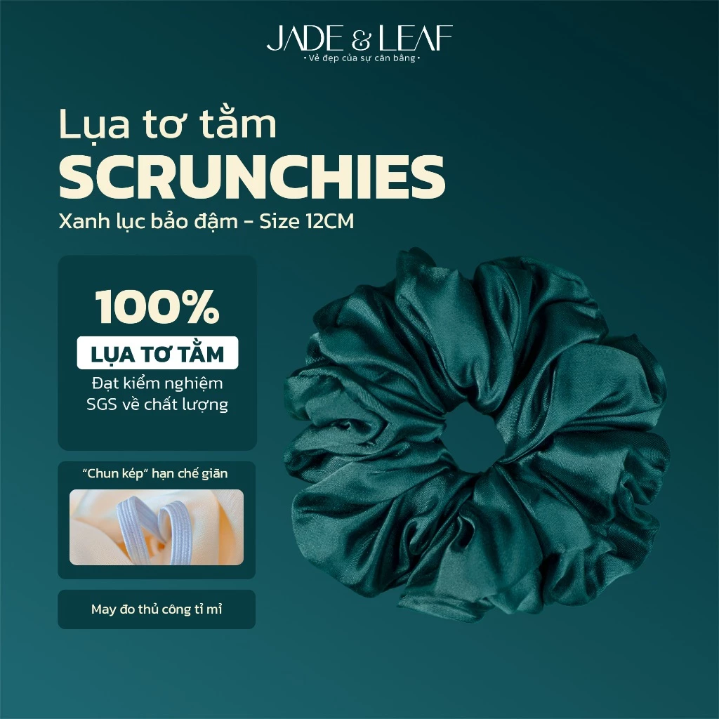 Scrunchies Buộc Tóc Nữ Lụa Thật To Phồng Jade&Leaf Chun Tóc Nữ Trẻ Trung Phụ Kiện Đi Làm Đi Học