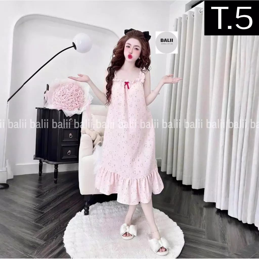 T03 - Đầm Mặc Nhà Cotton Hàn Có Mút Ngực Phối Cánh Tiên Họa Tiết Dễ Thương Mặc Mát Cho Nữ 40-70kg - BALII