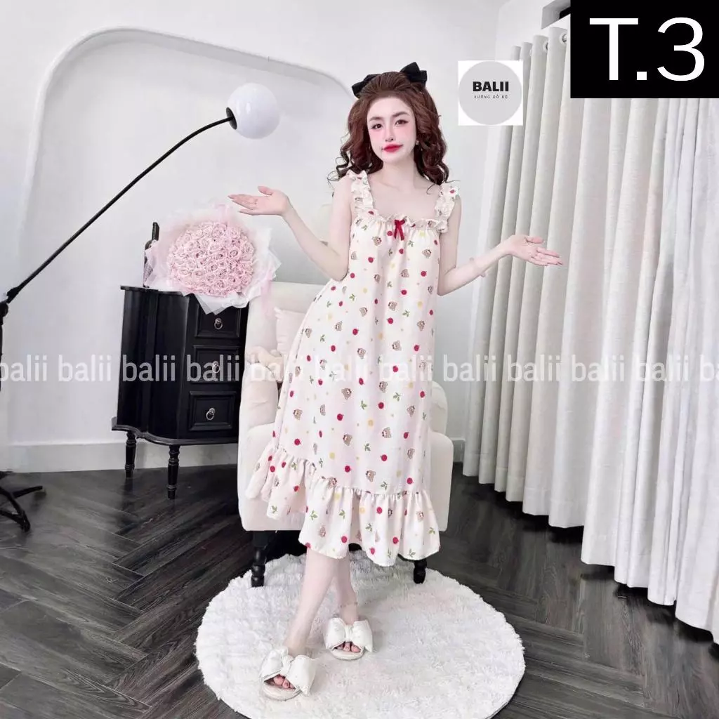T04 - Đầm Ngủ Mặc Nhà Cotton Hàn Loại A Có Mút Ngực Họa Tiết Xinh Mặc Thoáng Mát - BALII
