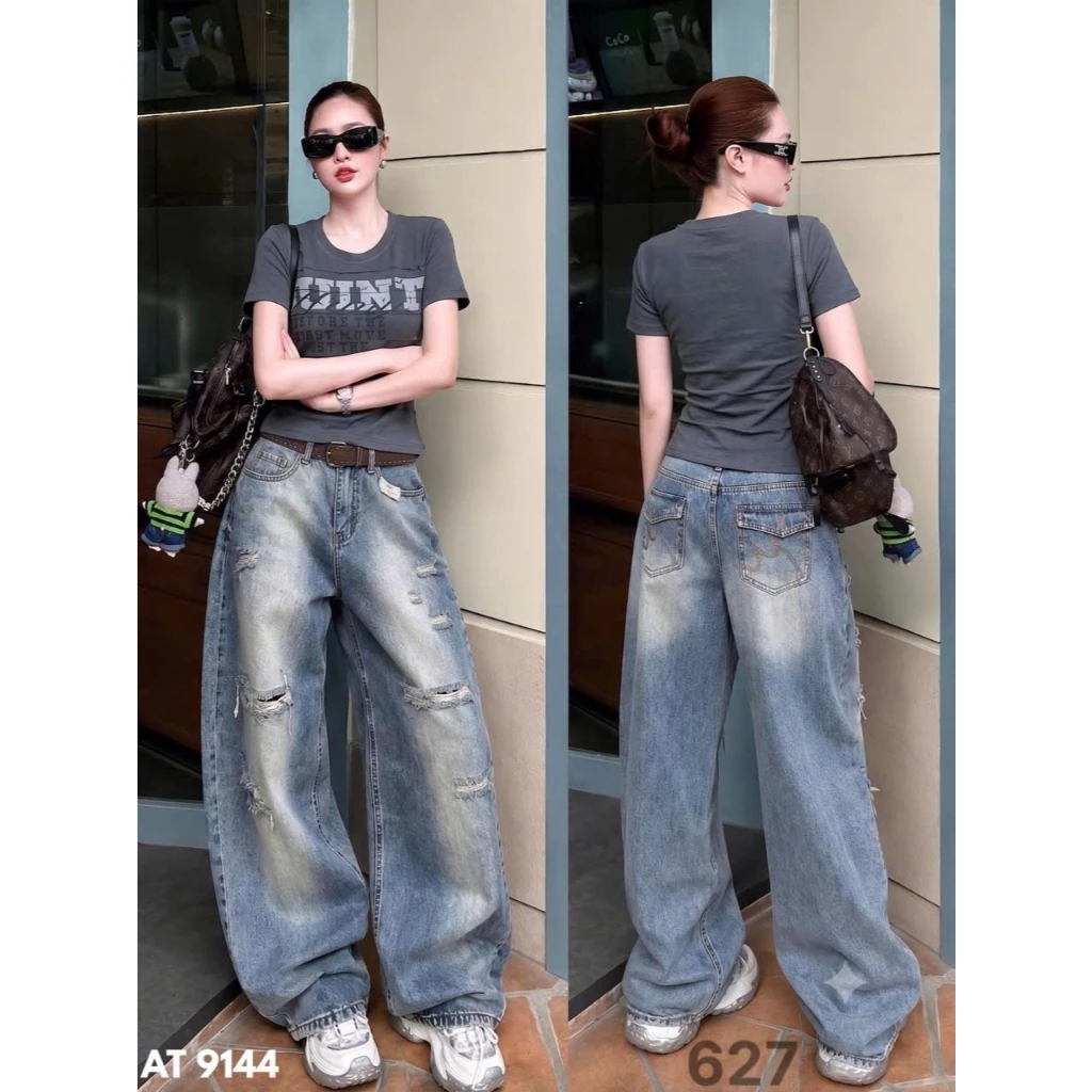 Quần Jean Nữ Bigsize Suông Phối Baggy Form Boy Thụng Thêu Túi Sau Phối Túi Hộp Chất Jeans QC Cao Cấp MS627