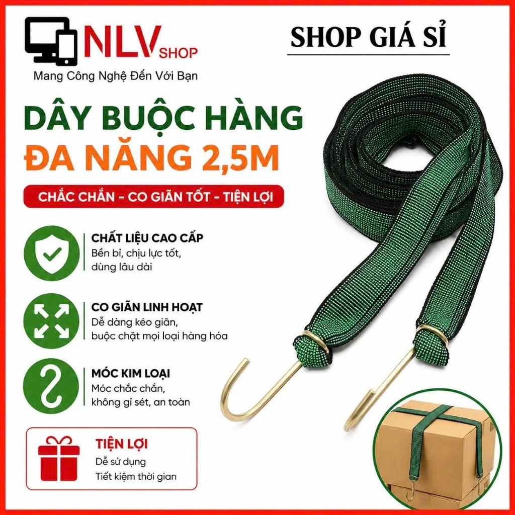 Dây Ràng Hàng Có Móc Sắt 2 Đầu Dây Buộc Đồ Xe Máy Ô Tô Xe Tải Bản Dẹt Siêu Bền Chịu Tải Tốt 2.5M