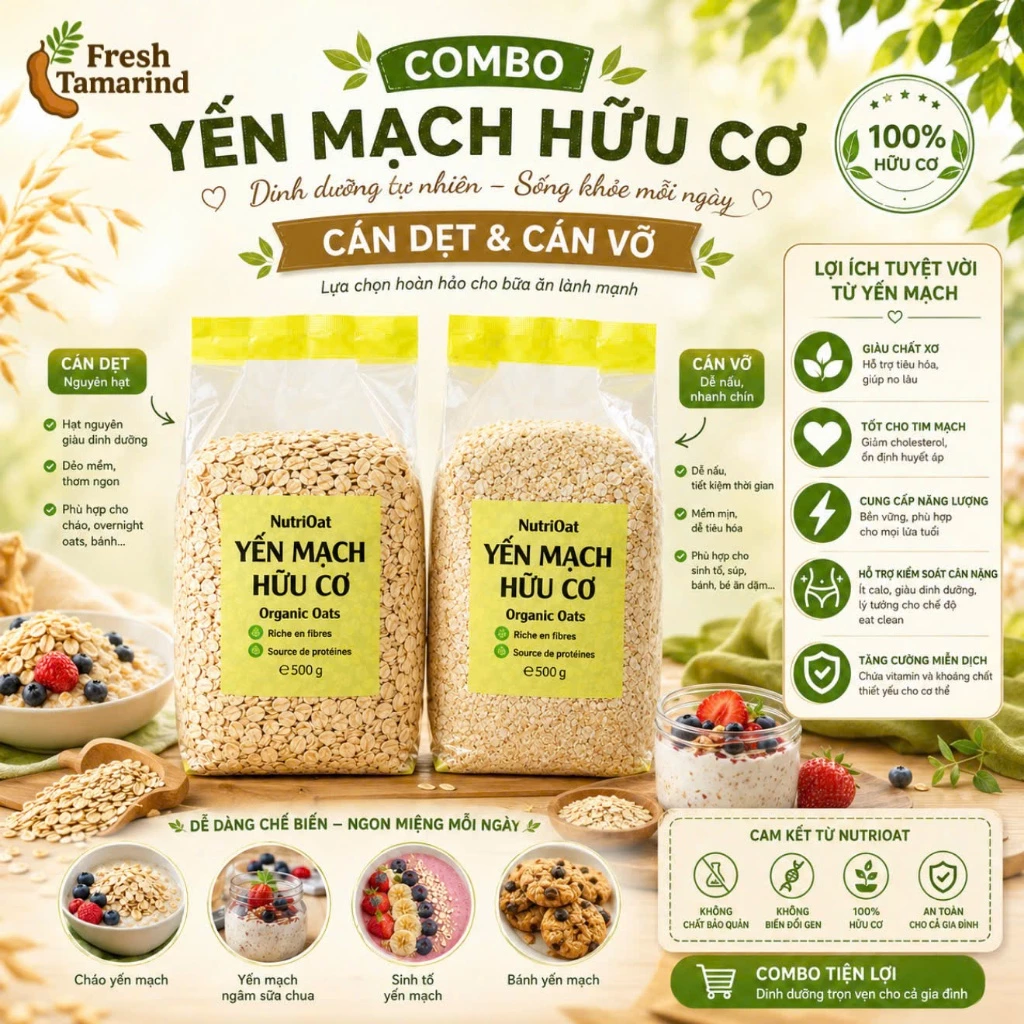 [COMBO 2 TÚI] 500g Yến Mạch Hữu Cơ Cán Dẹt Và 500g Yến Mạch Hữu Cơ Cán Vỡ