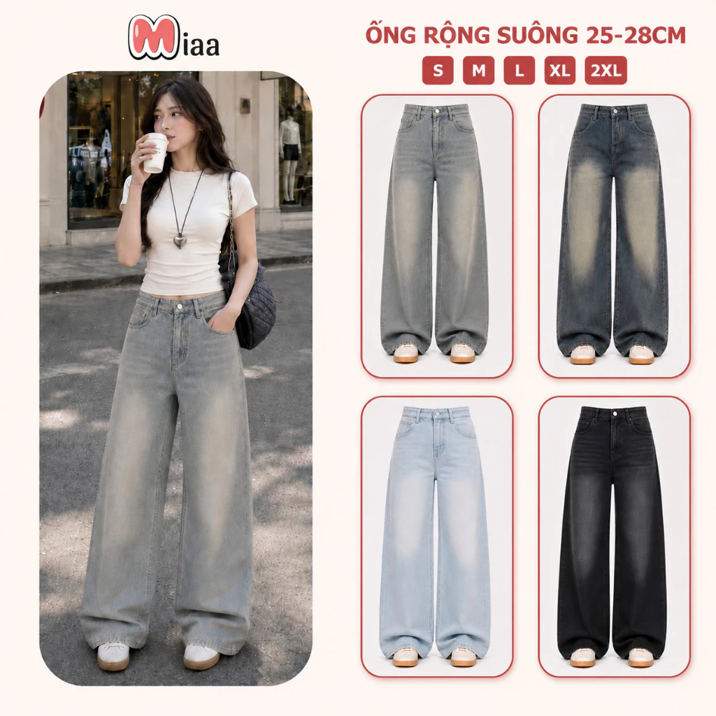Quần Jeans Ống Suông Rộng Đứng MIAA Cạp Cao Màu RETRO , Quần Bò Ống Rộng Chất Jean Mềm Form Unisex_VER1 Đủ Size