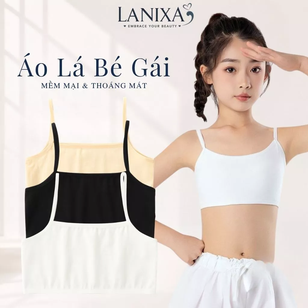 SET 3 Áo lá bé gái tuổi dậy thì cotton dày dặn thấm hút kiểu dáng basic viền ren cute LANIXA B032